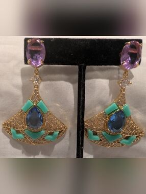Catwalk Jon Gold-Tone Drop Earrings with Blue Teardrop and Mint Accents
